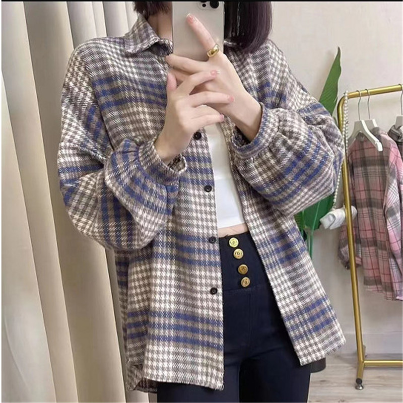 磨毛格子小众衬衫女秋冬上衣保暖