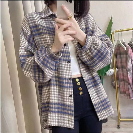 大码女装磨毛格子小众衬衫女秋冬新款遮肚显瘦上衣保暖外套衬衣潮