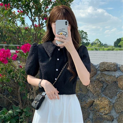 短袖娃娃领衬衫女夏季泡泡袖衬衣