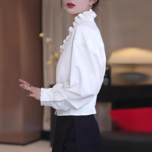 复古白色木耳边V领长袖 时尚 衬衫 新款 减龄显瘦上衣 女2025秋季 法式