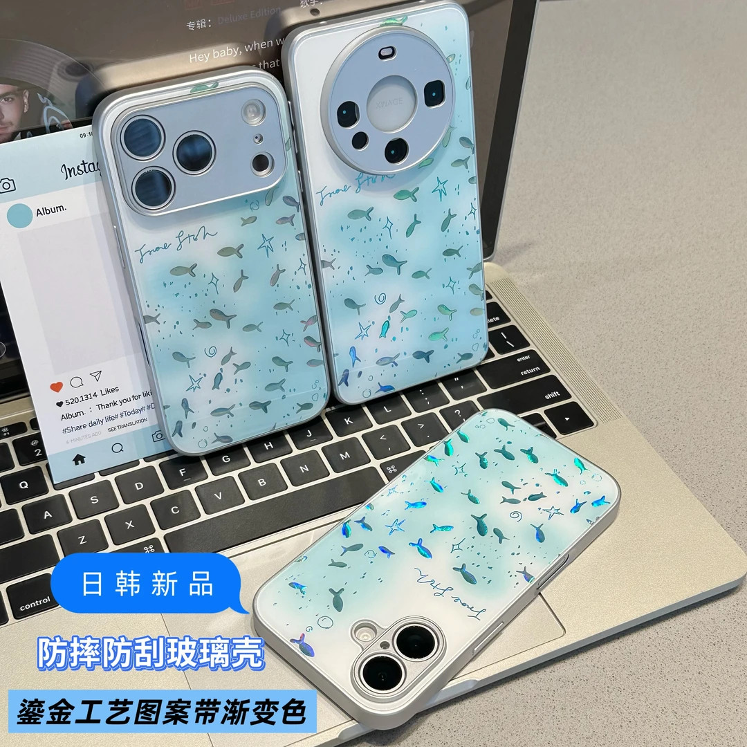 蓝色深海鱼群适用华为nova1514131210987手机壳玻璃畅享90Plus软边Pura90ProMax男女学生Mate807060504030Pro