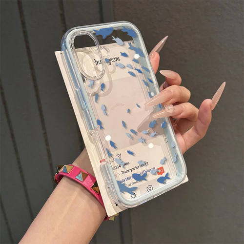 蓝色梦幻鱼群适用苹果17Air/16Promax手机壳透明二合一可放卡片iPhone15Plus少女苹果14/13/12/11小红书同款