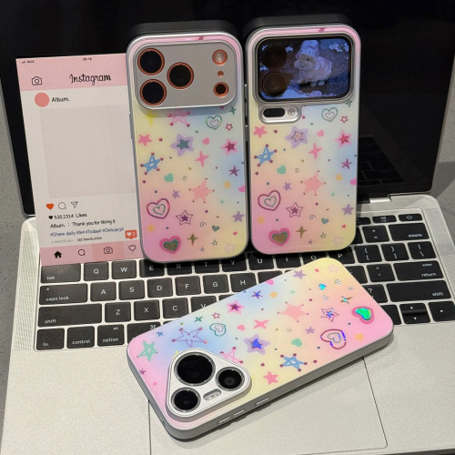 闪闪爱心星星适用OPPOReno1514手机壳K12K13Turbo金属漆玻璃壳FindX9X8S+A6Pro学生A1A3A5活力版a58a93a96a97