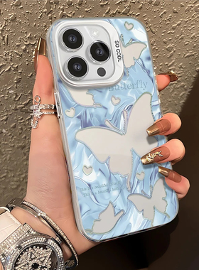 蓝色唯美蝴蝶适用OPPOReno1514手机壳K15Pro+K12sK13Turbo彩银磨砂FindX9X8S+A6sPro学生A3A5活力版A58A96A97