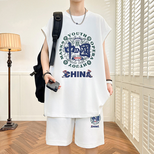 T恤男初高中学生2023新款 夏季 无袖 青少年新款 篮球服冰丝国潮套装