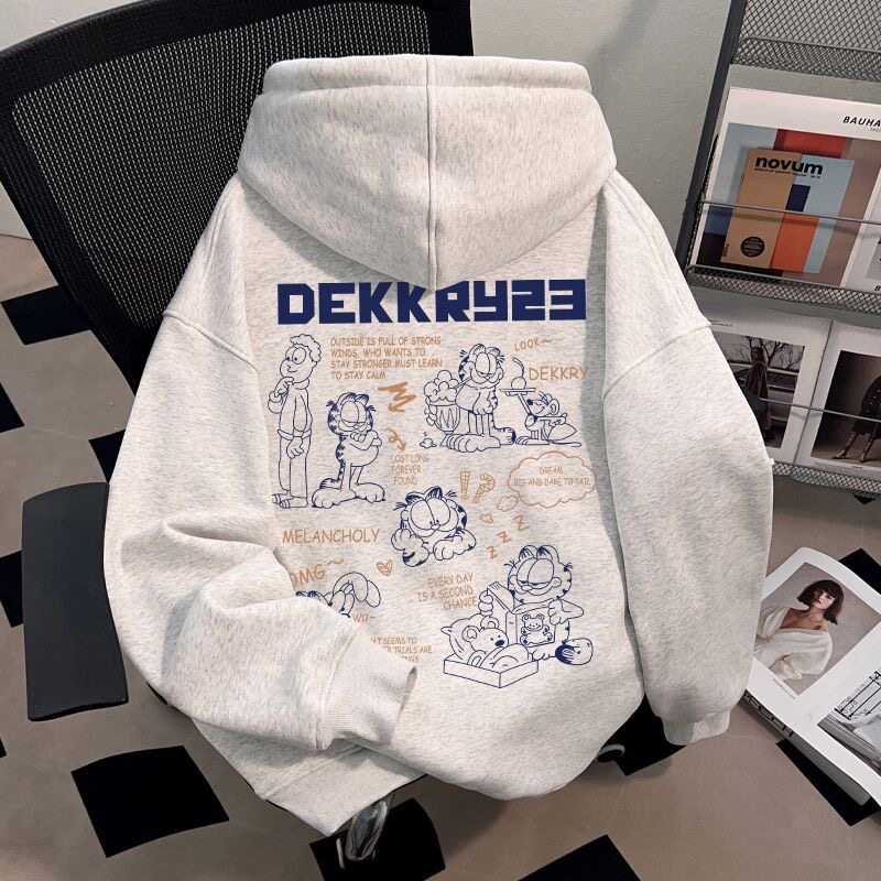 美式潮牌学院风动漫加菲猫印花连帽卫衣男女秋冬重磅加绒加厚外套