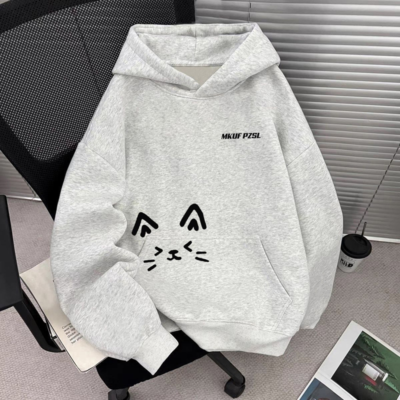 潮牌学院风猫咪印花连帽卫衣男女