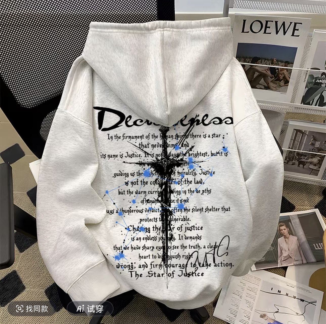 美式潮牌宝剑十字架印花连帽卫衣男女秋冬学院风加绒加厚上衣外套