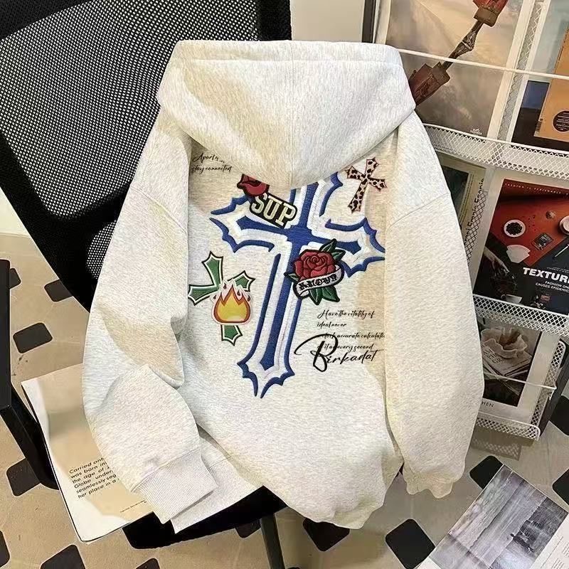 美式复古潮牌十字架印花连帽卫衣