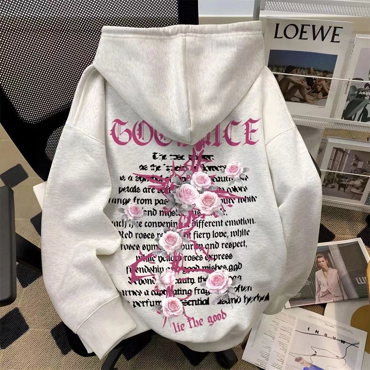 潮牌玫瑰十字架印花连帽卫衣男女