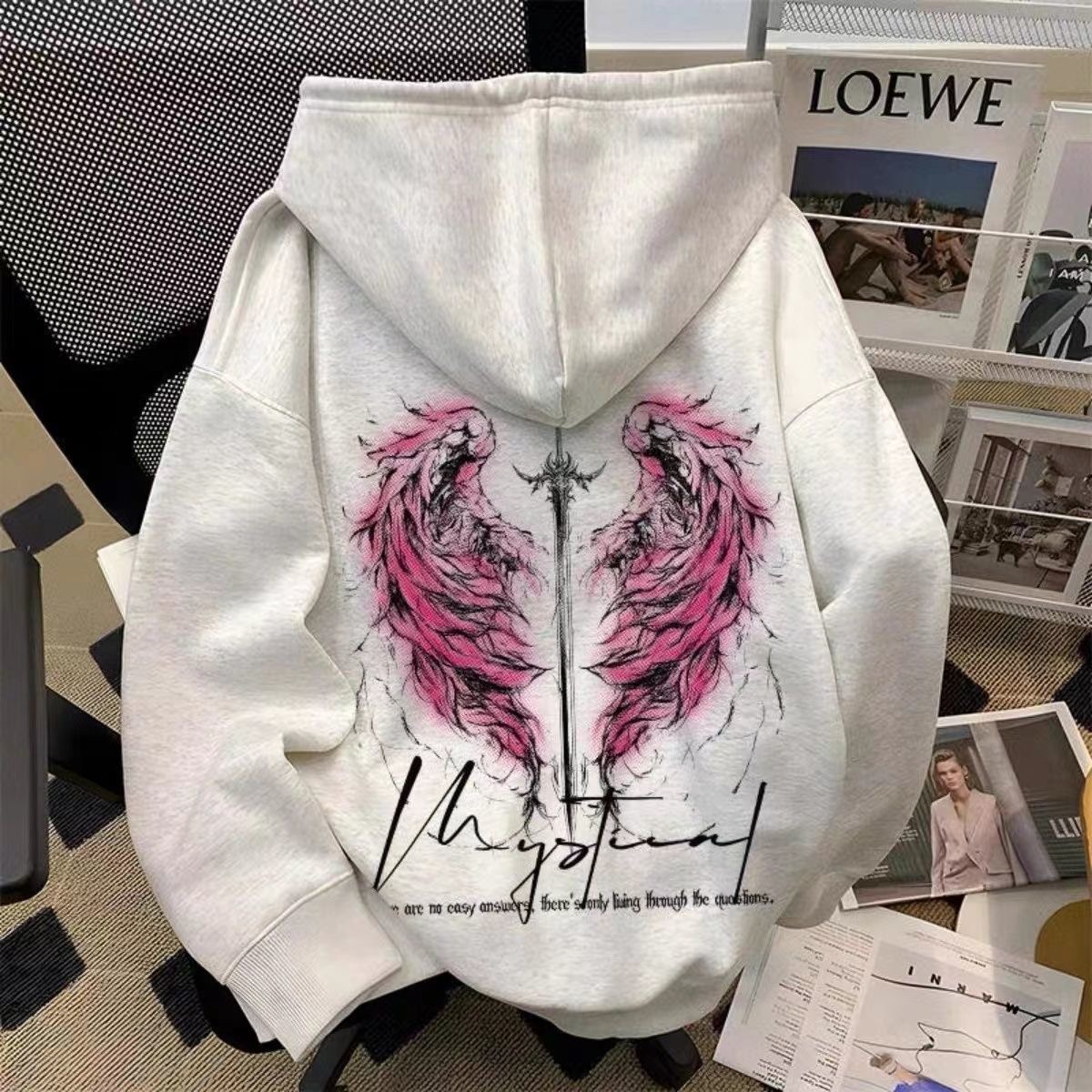 美式潮牌重磅加绒创意翅膀印花连帽卫衣男女秋冬款学院风加厚外套