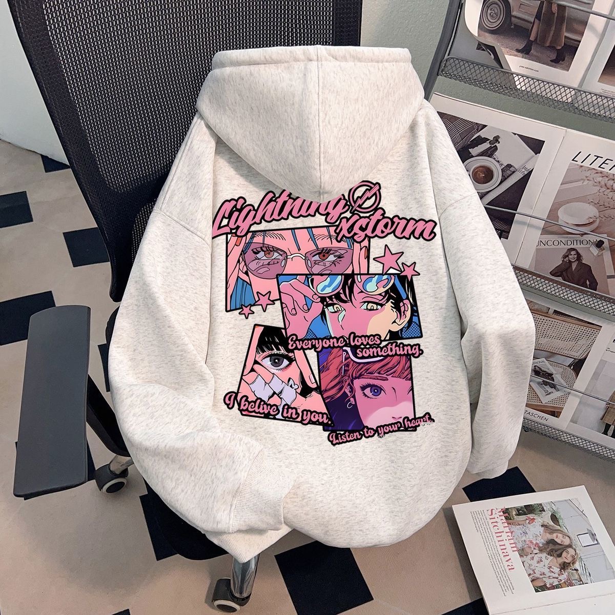 美式潮牌动漫风卡通印花连帽卫衣