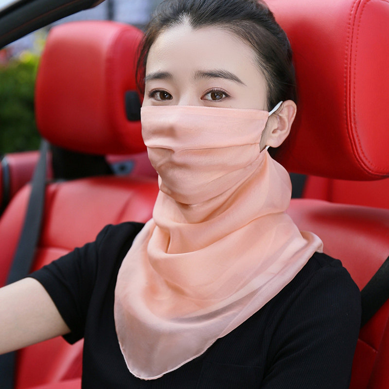 100%桑蚕丝口罩面纱真丝双层薄透气新款防晒面罩围巾一体骑车护颈