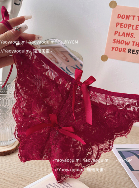 瑶瑶闺蜜红色本命年蕾丝开裆免脱内裤女性感蝴蝶结绑带诱惑三角裤