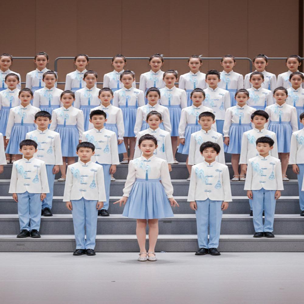 儿童中国风蓝色爱国演出服|初