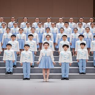 儿童初中小学生女童中国风大合唱团蓝色爱国朗诵演讲比赛演出服装
