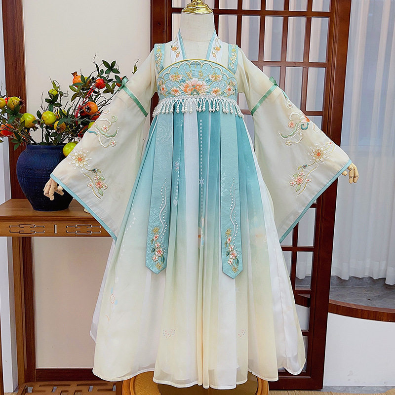 春秋女童唐装古风儿童中国风蓝色连衣裙长袖汉服裙子西游记玉兔服