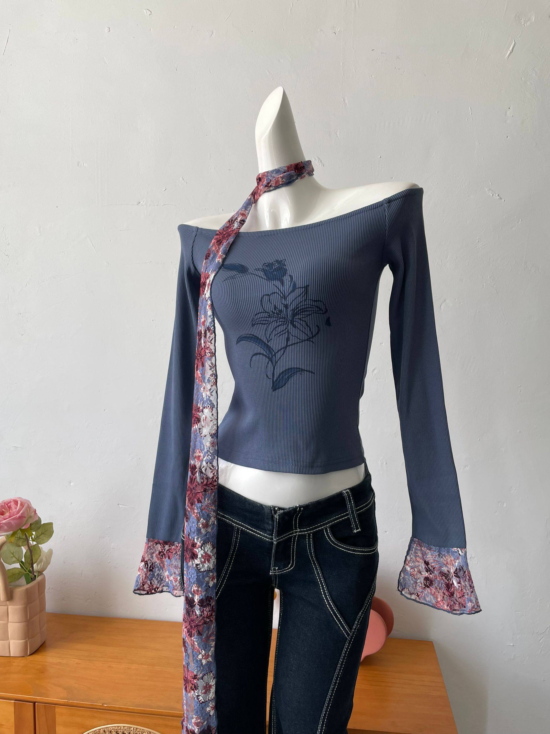 thumbnail for Cat go free scarf sweet girl one-shoulder long sleeve T-shirt female slim slimming base shirt top