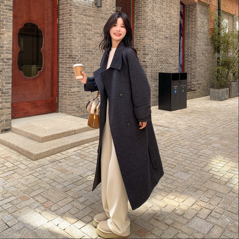 深灰色轻熟风复古气质羊毛双面呢子大衣女秋冬新款长过膝毛呢外套