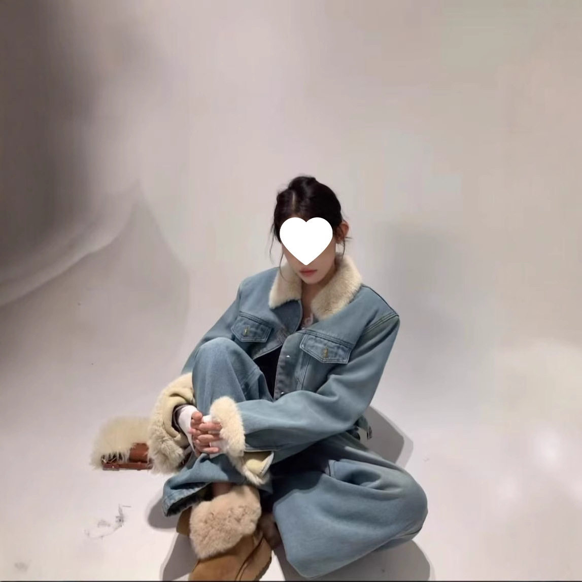 秋冬款小众牛仔套装复古水洗做旧毛绒保暖牛仔短外套高腰加绒长裤