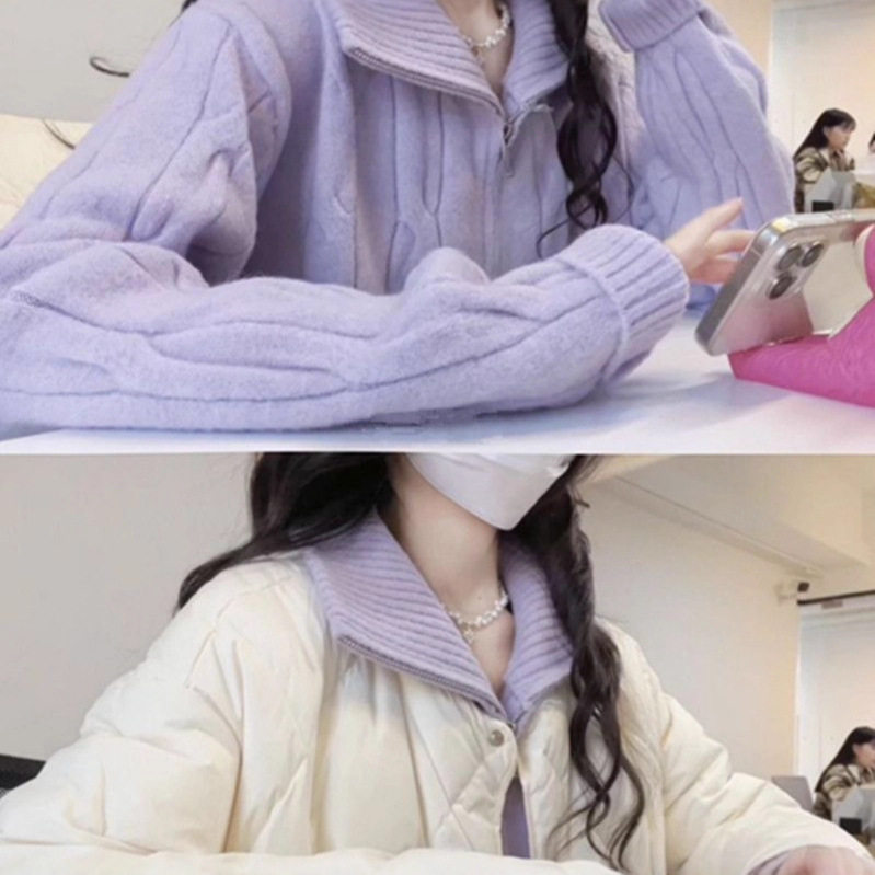 HUOTONG香芋紫色麻花高领毛衣外套女2025年秋冬软糯拉链针织开衫