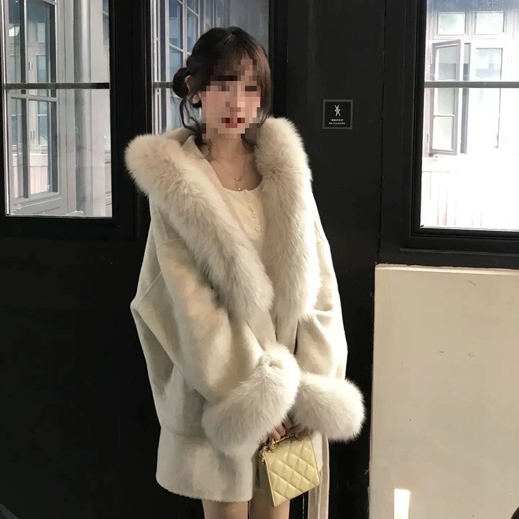 气质千金感狐狸大毛领羊毛大衣女冬季设计感袖口毛毛保暖毛呢外套