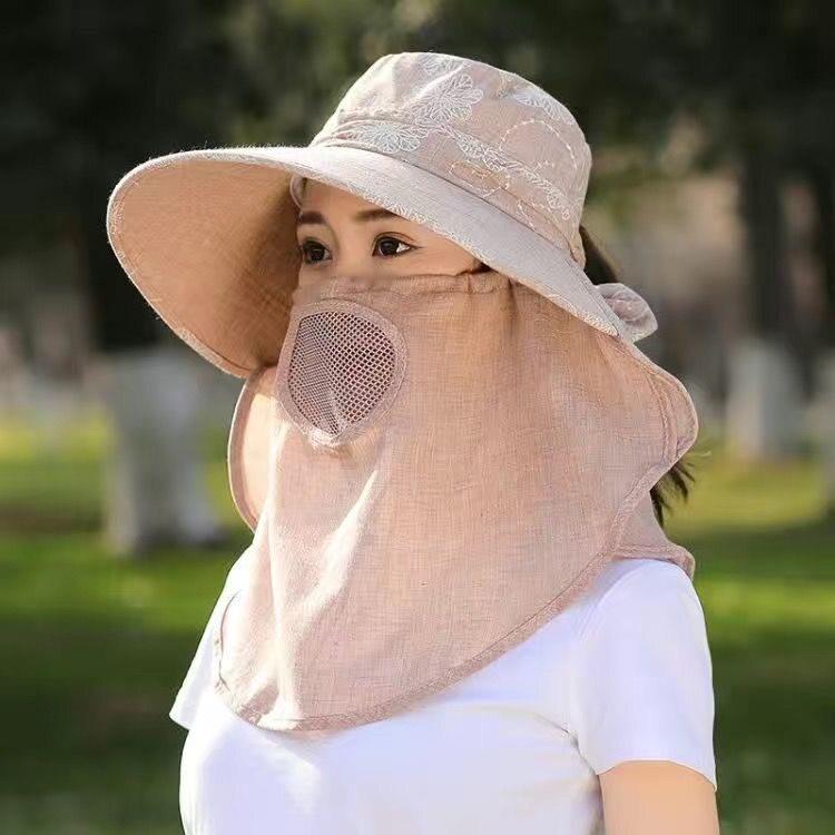 防晒帽女款透气大沿大帽檐遮阳妈妈采茶帽子骑车面罩全脸护颈脖子