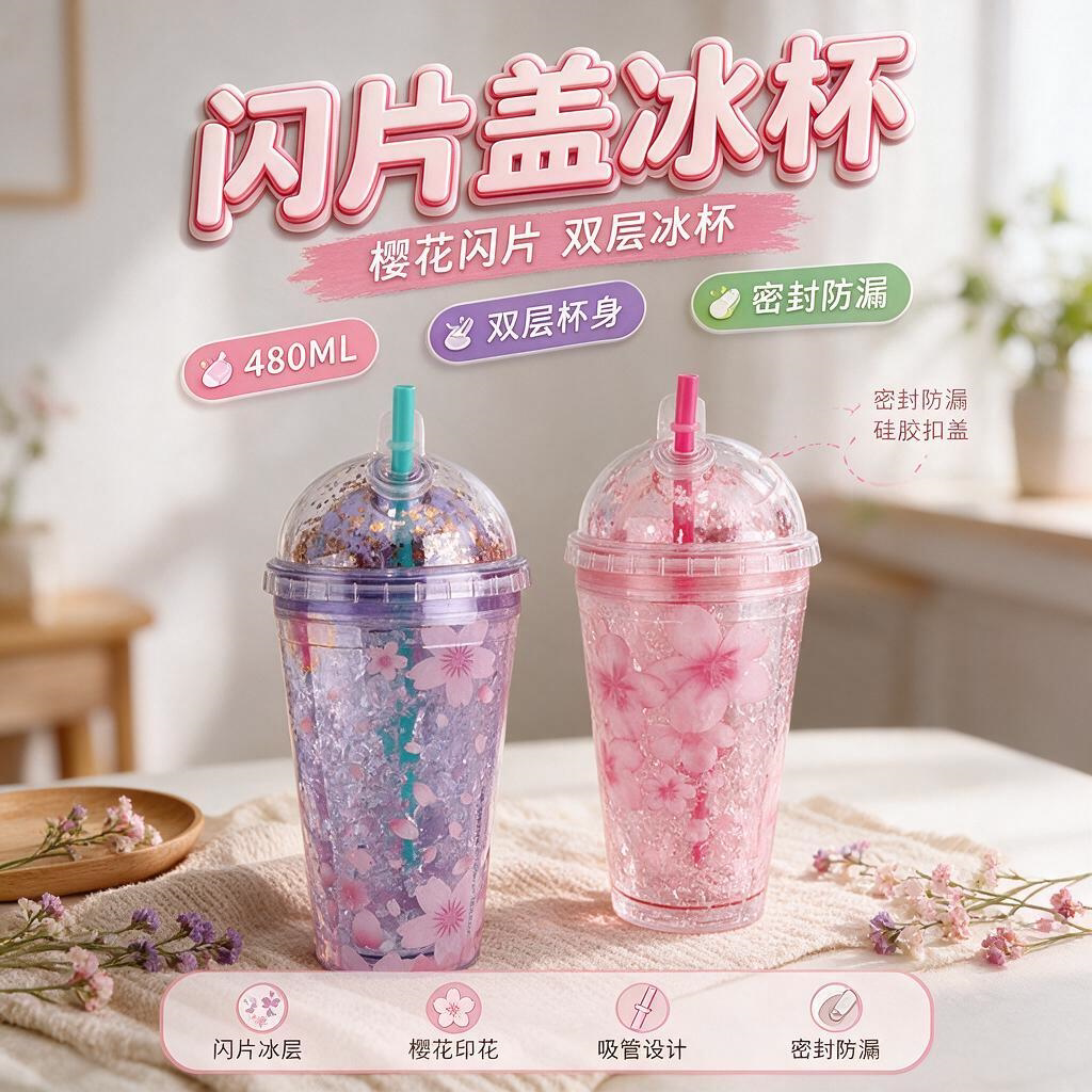 夏碎冰杯可爱冰淇淋水杯设计感小众少女心便携双层塑料冷饮吸管杯
