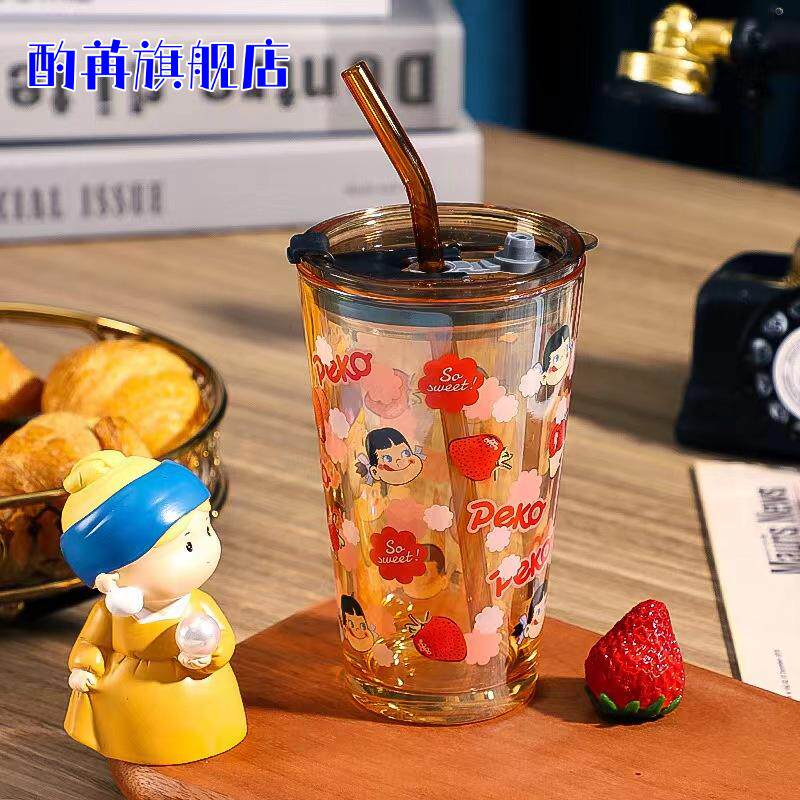 学生吸管玻璃水杯刻度果汁奶茶带盖牛奶杯子喝水透明可爱女夏家