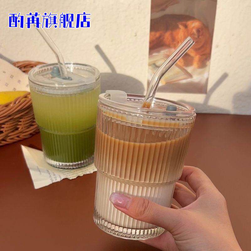ins风高颜值玻璃咖啡杯简约竖条纹吸管杯随手杯冰美式拿铁水杯子