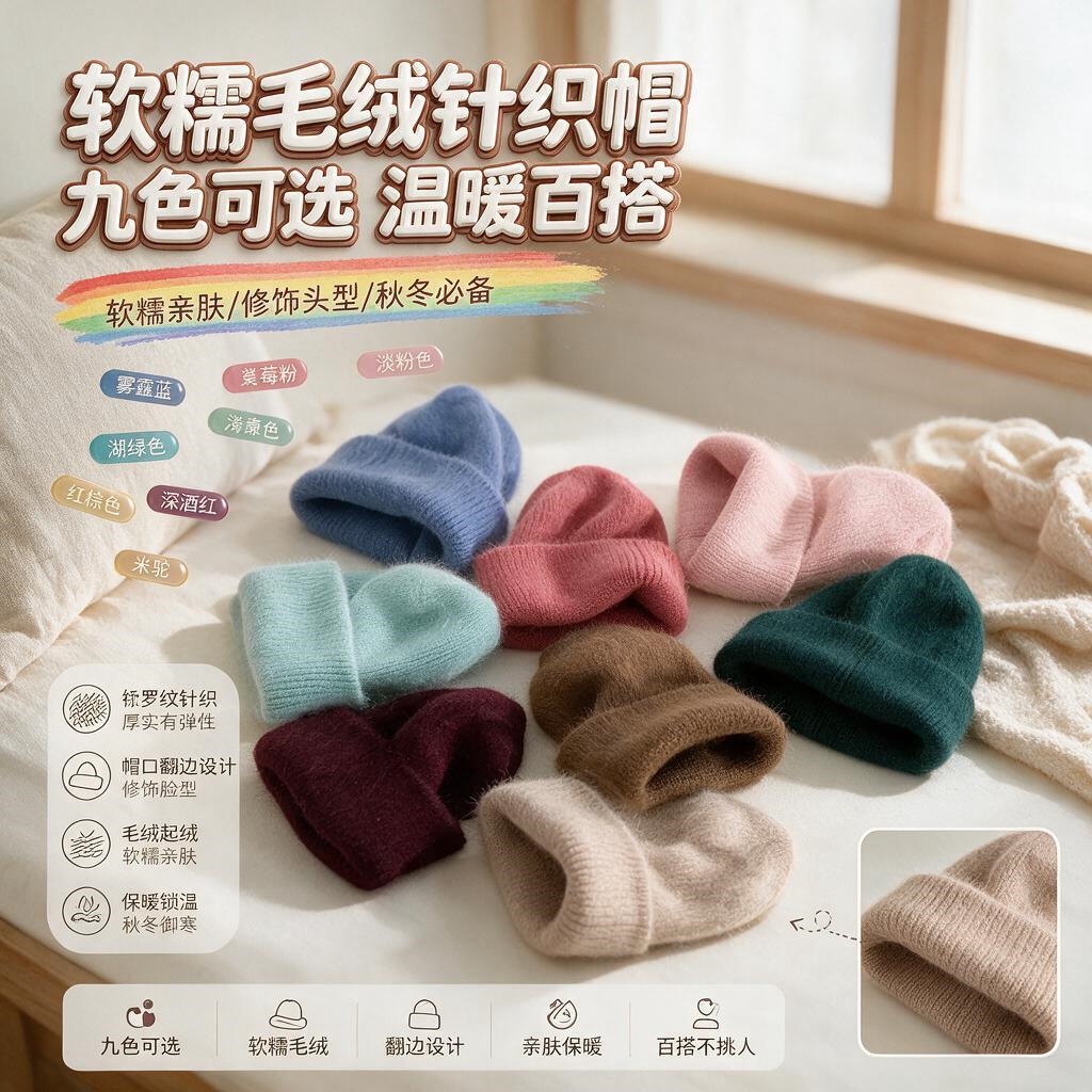 帽子女秋冬毛线帽潮韩版保暖护耳冷帽套头帽纯色百搭显脸小针织帽