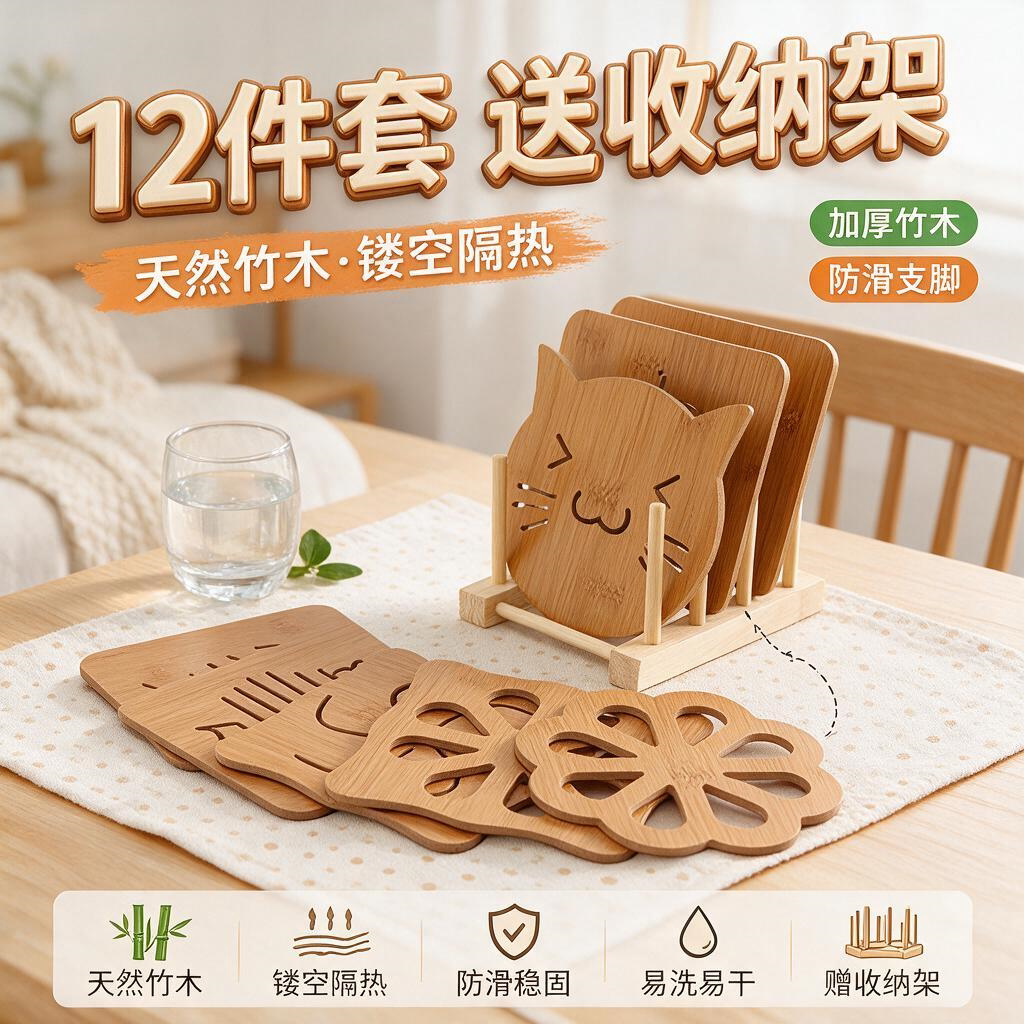 竹制家用垫菜垫子用餐垫杯垫碗防烫锅垫盘子竹垫餐桌方块隔热菜碟