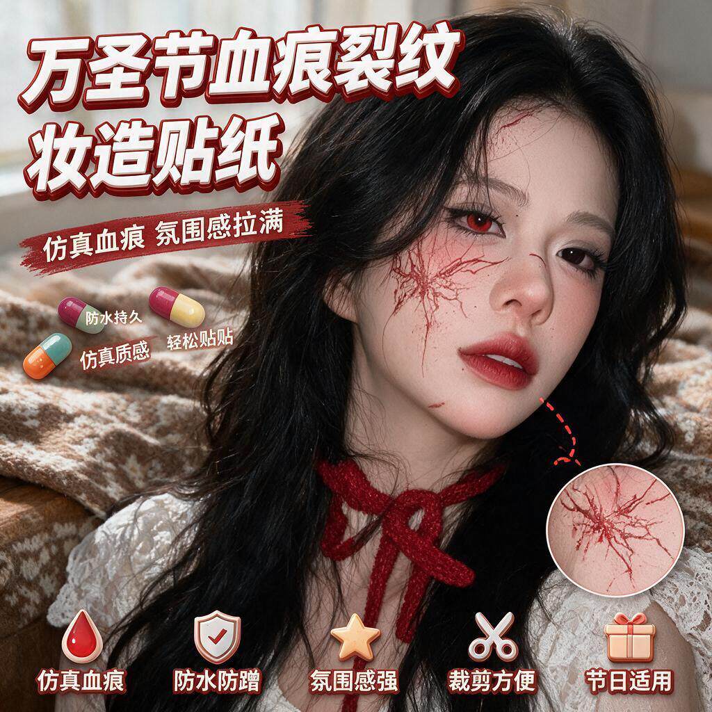 万圣节脸贴npc万圣节妆容脸部贴纸道具真实感cosplay鬼屋血液蝴蝶