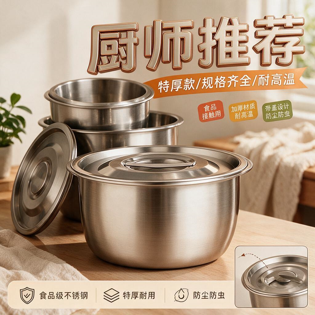 家用油盆食品级加厚不锈钢猪带盖厨房装储油罐碗大容量盖子特厚