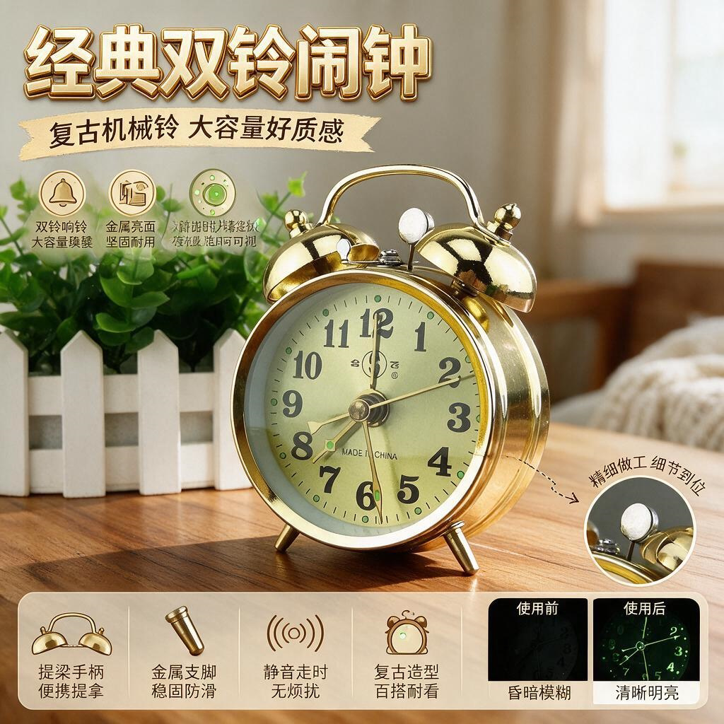 机械闹钟老式发条小闹钟上弦金属钟表闹铃家居马蹄表怀旧床头叫醒