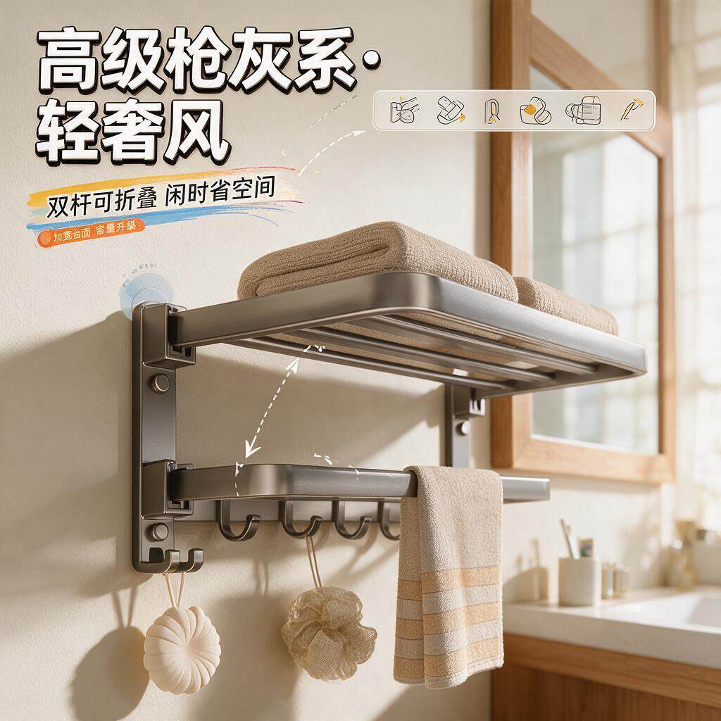 卫生间结实置物架毛巾架免打孔浴巾架一体挂架套件厕所洗澡间浴室