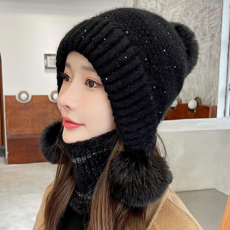 帽子围脖套装女秋冬加厚保暖护耳针织毛线帽甜美可爱防风寒兔毛帽