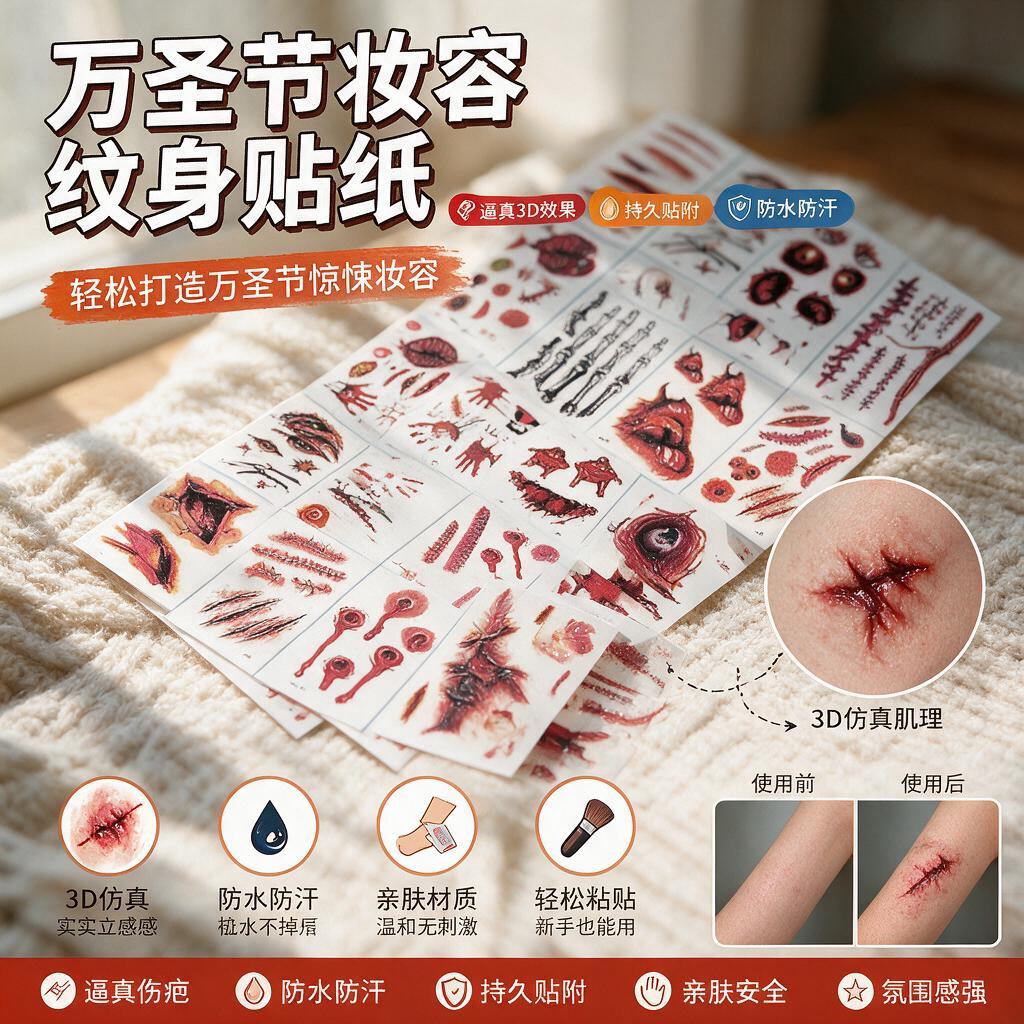 万圣节脸贴万圣节装饰妆容假伤疤贴饰品脸贴纹身贴纸吸血鬼装扮恐
