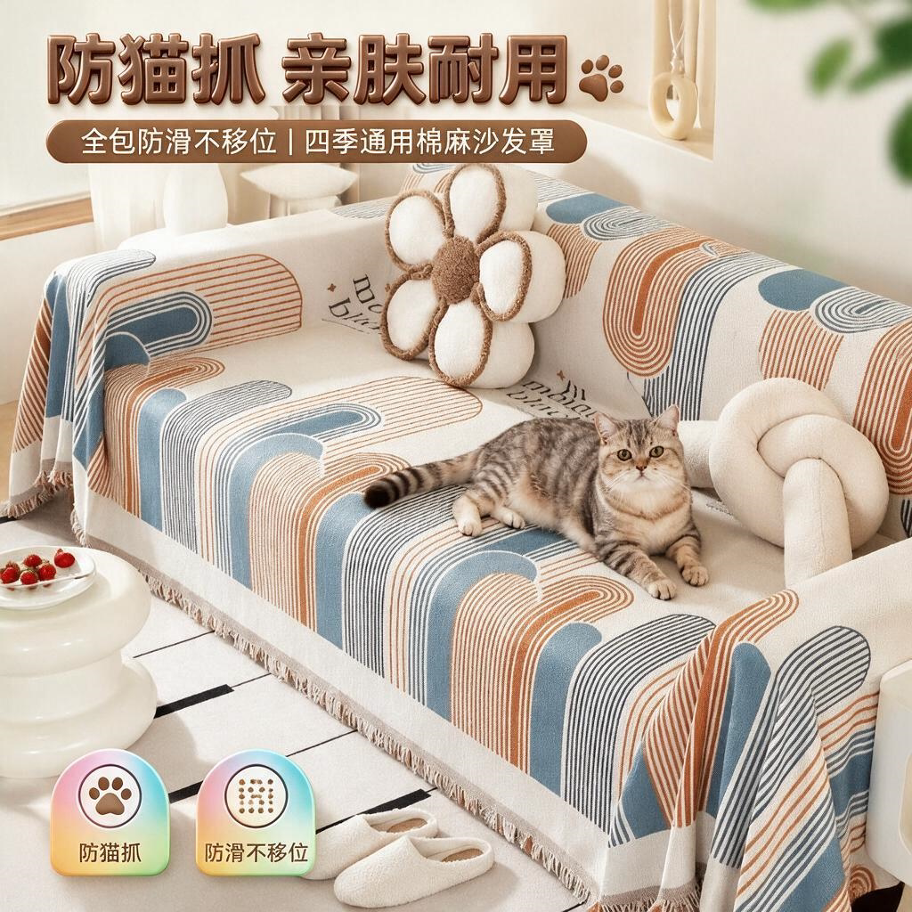 客厅沙发保护套罩全包盖布巾防猫抓四季通用防滑毯2026新款棉麻