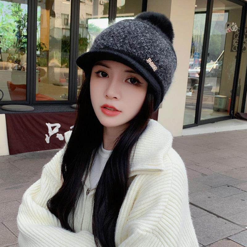 帽子女秋冬天韩版加绒加厚护耳保暖帽骑车鸭舌针织兔毛帽毛线帽子