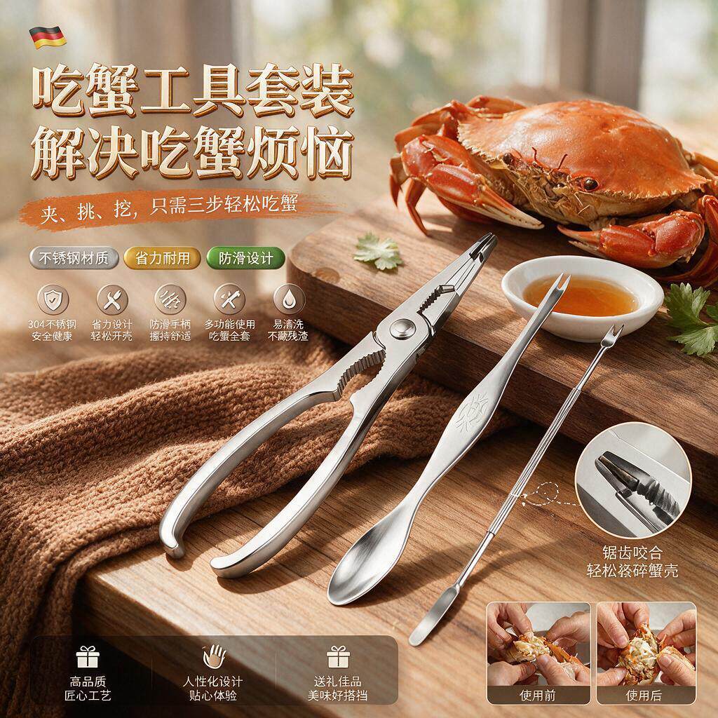 不锈钢蟹八件吃蟹工具套装夹挑挖三件套吃蟹神器螃锌合金蟹钳