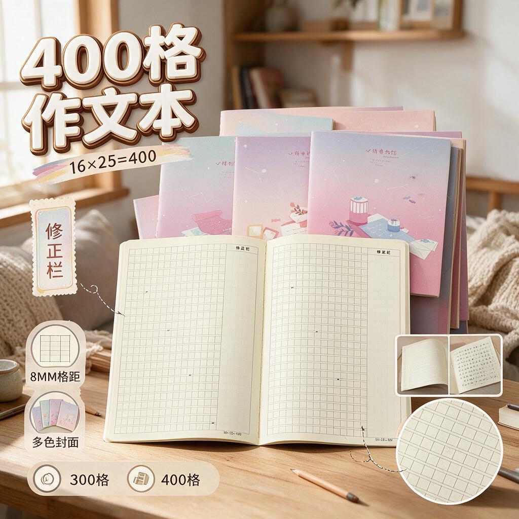 16K大号一面400格100字数提示作文本学生用300字方格内页B5日记本