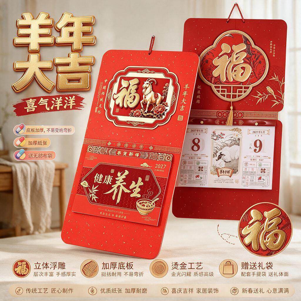 2027年日历挂历新款黄历立体手撕双创意福字中国风挂墙家用大号黄历通胜万年历订做新年礼品公司广告定制