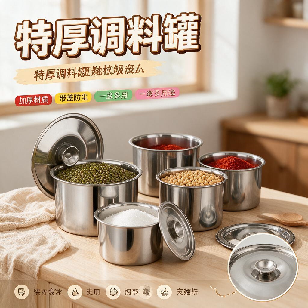 家用油盆不锈钢调料罐带盖猪调味罐商用料缸味盅厨房辣椒密封