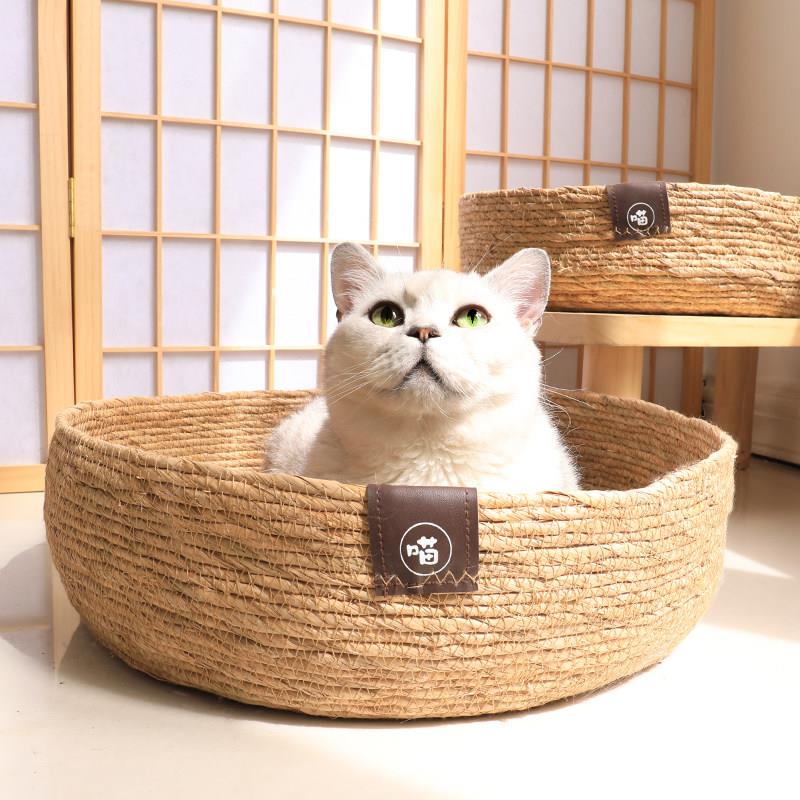 藤编简约猫窝宠物收纳篮耐抓宠物窝圆形自编半封闭式宠物坐垫