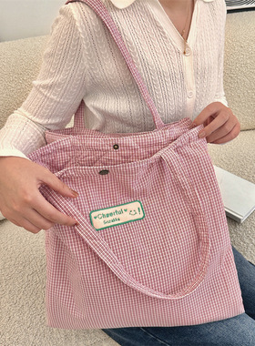 410101 韩版慵懒风格子双口袋单肩包秋季新款轻便休闲上课通勤包