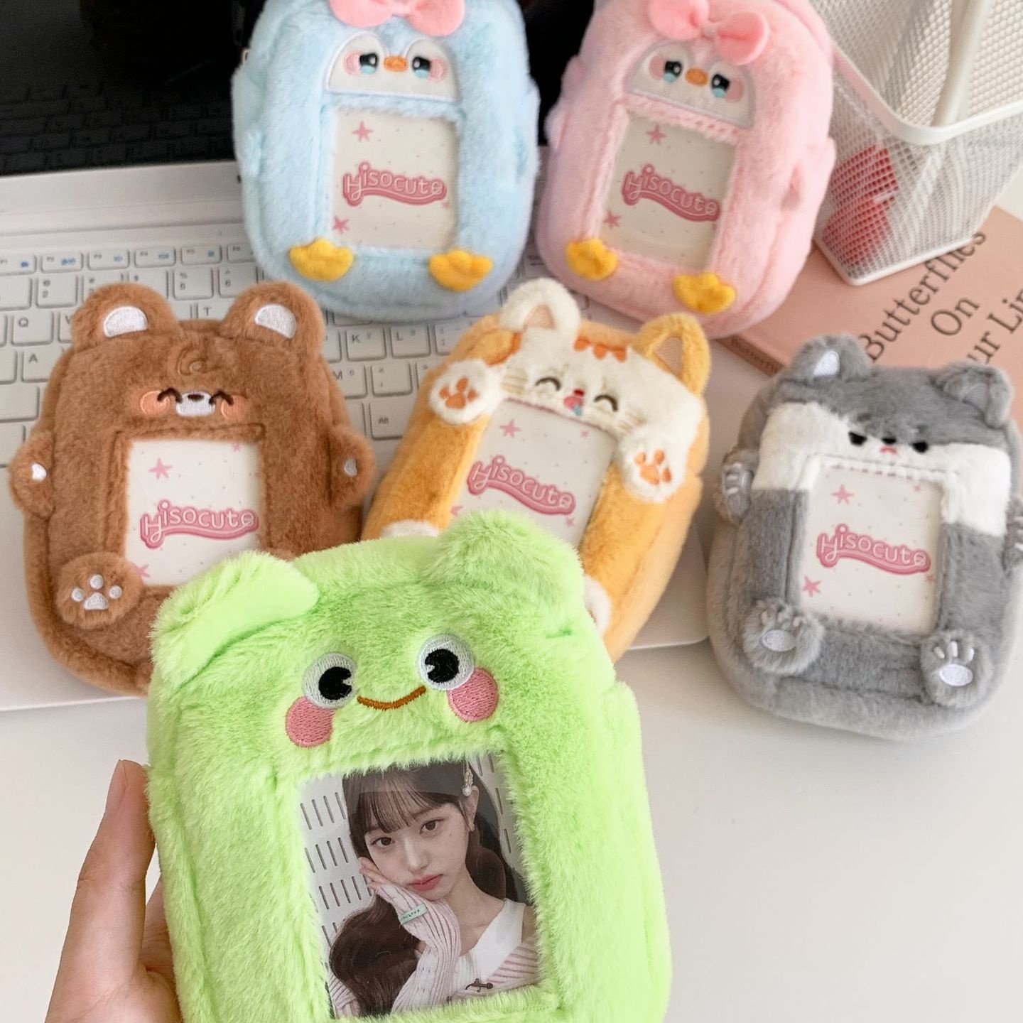 ins卡通镂空动物毛绒卡套少女青蛙猫咪痛包追星三寸小卡卡套挂件