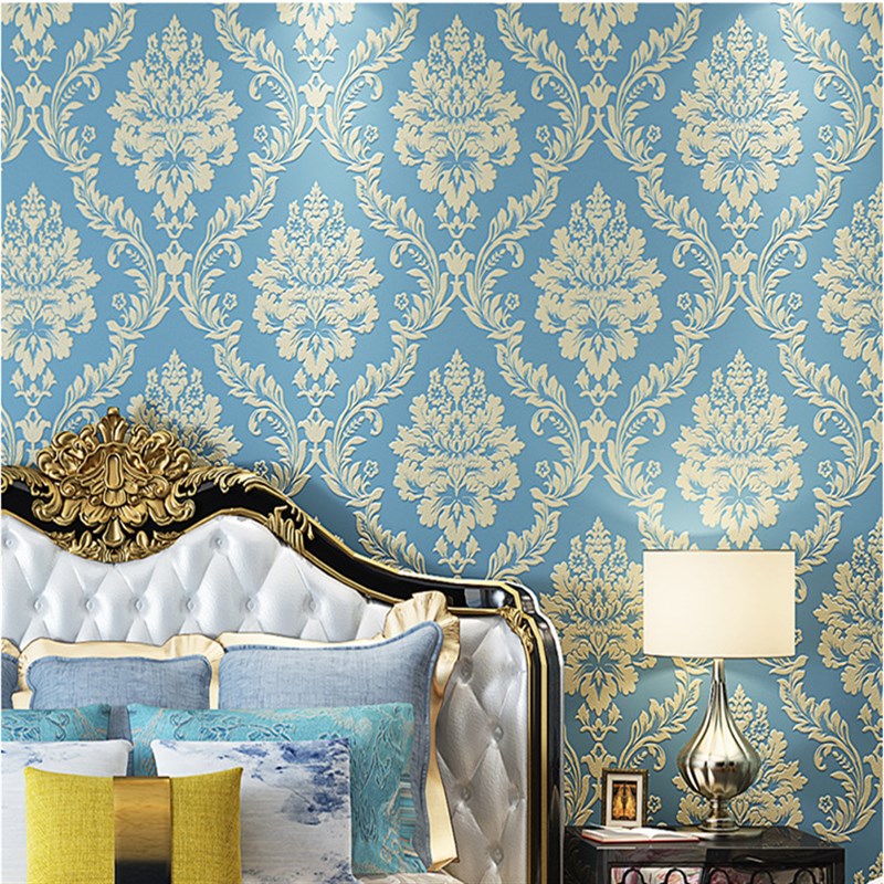 浅咖色3D欧式大花墙纸奢华大气卧室客厅酒店美容院蓝色金黄色壁纸