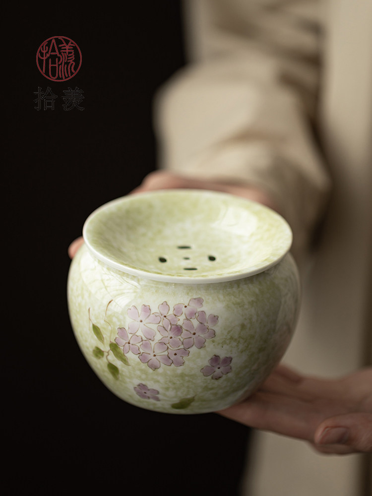 拾羡手绘绣球花建水陶瓷带盖茶洗功夫茶具小号滤茶渣缸废水桶水盂