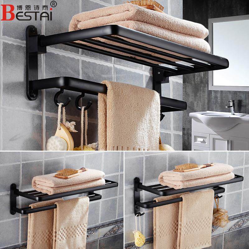 免打孔黑色浴巾架美式复古折叠毛巾架太空铝浴室毛巾杆卫浴挂件